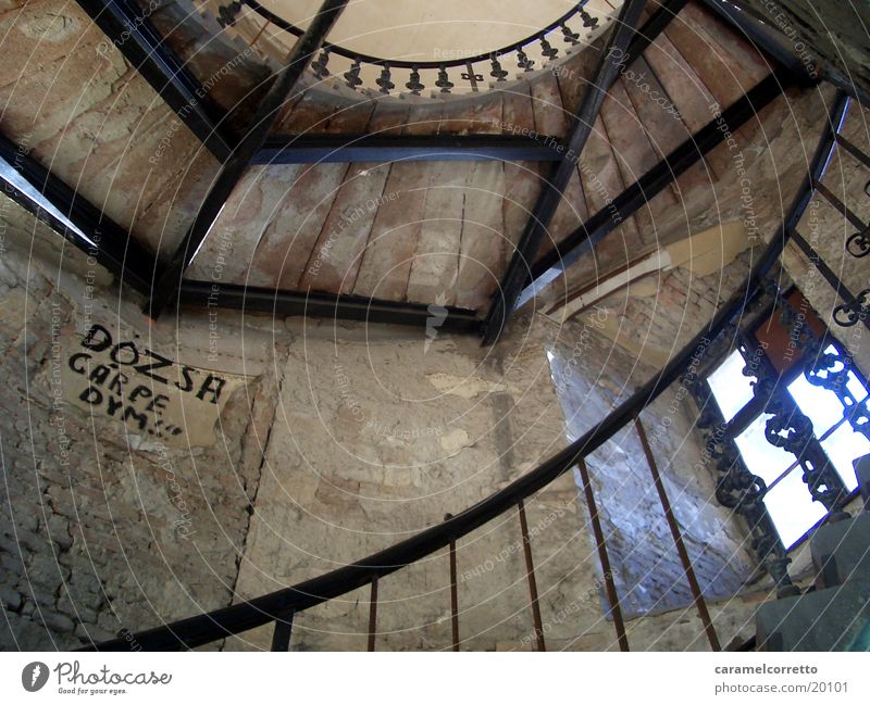 stairwell Staircase (Hallway) Stairs Worm's-eye view Scaffolding Budapest Brown Architecture Metal Hungarian Old Stone black balustrade Handrail
