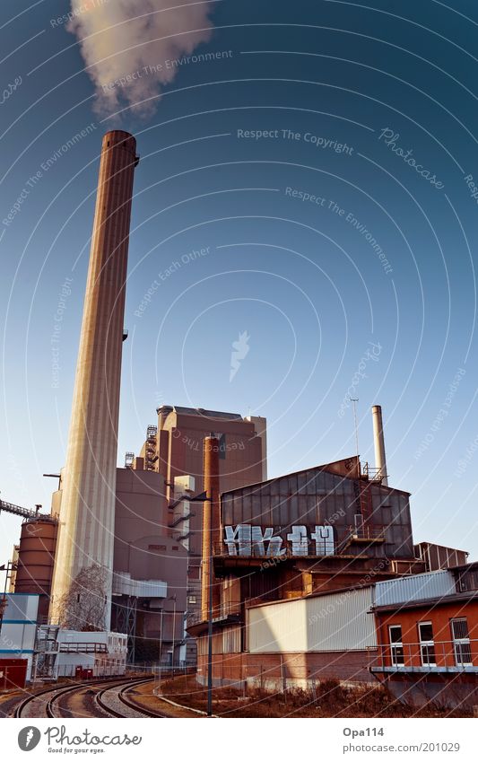 Industry Workplace Industrial plant Factory Building Architecture Chimney Gigantic Trashy Blue Brown Gray Environment Environmental pollution Transience