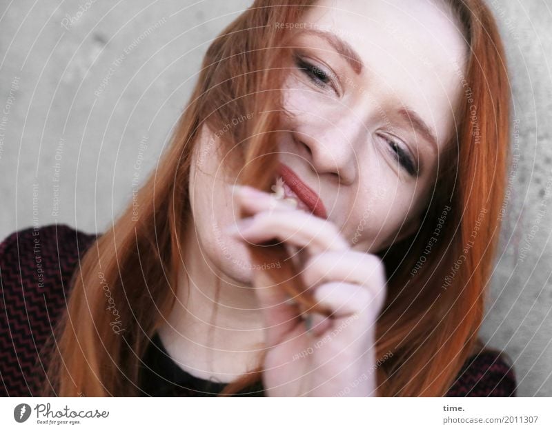 . Feminine Woman Adults 1 Human being Wall (barrier) Wall (building) Sweater Red-haired Long-haired To hold on Laughter Looking Happiness Beautiful Emotions Joy