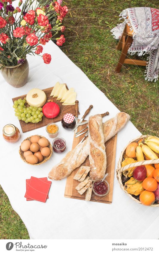 Picnic in the garden Food Cheese Fruit Bread Jam Nutrition Breakfast To have a coffee Buffet Brunch Banquet Organic produce Vegetarian diet Lifestyle Exotic Joy