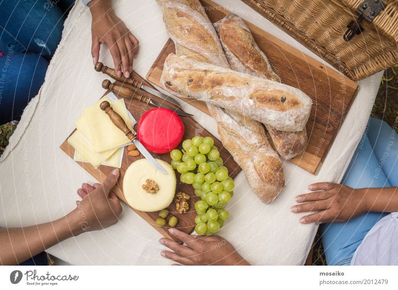 Picnic in the garden Food Cheese Fruit Dough Baked goods Bread Nutrition Breakfast To have a coffee Buffet Brunch Vegetarian diet Summer Feminine Woman Adults