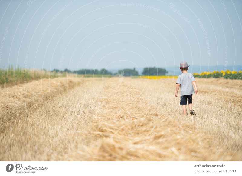 Boy with hat goes over mowed field Leisure and hobbies Playing Vacation & Travel Tourism Summer Summer vacation Sun Hiking Human being Masculine Child
