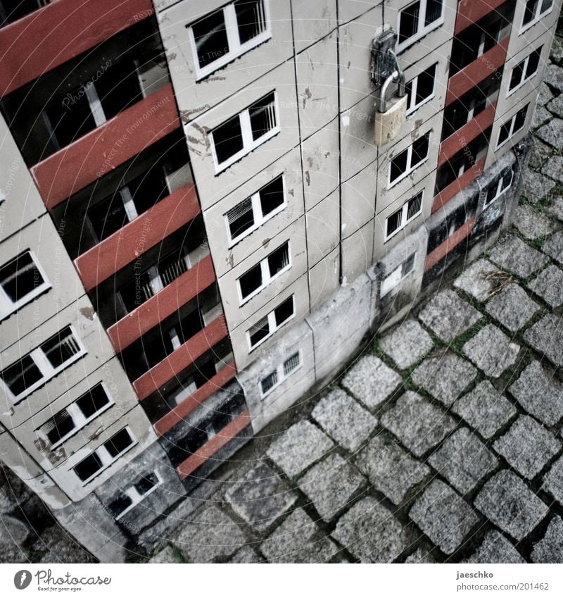 Small plate Art Work of art House (Residential Structure) High-rise Facade Balcony Cold Gloomy Town Gray Fear of the future Surrealism Decline Transience