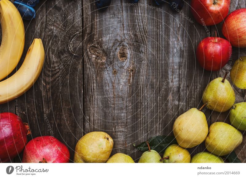 fruits on a gray wooden surface Food Fruit Apple Eating Vegetarian diet Garden Table Autumn Wood Fresh Natural Juicy Yellow Gray Red background fruitage ripe
