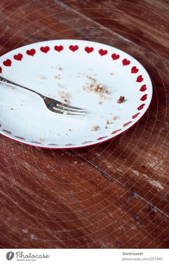 One more thing Food Cake Dessert Candy To have a coffee Crockery Plate Cutlery Fork Wood Delicious Pastry fork Heart Crumbs Coffee break Eaten Wooden table Café