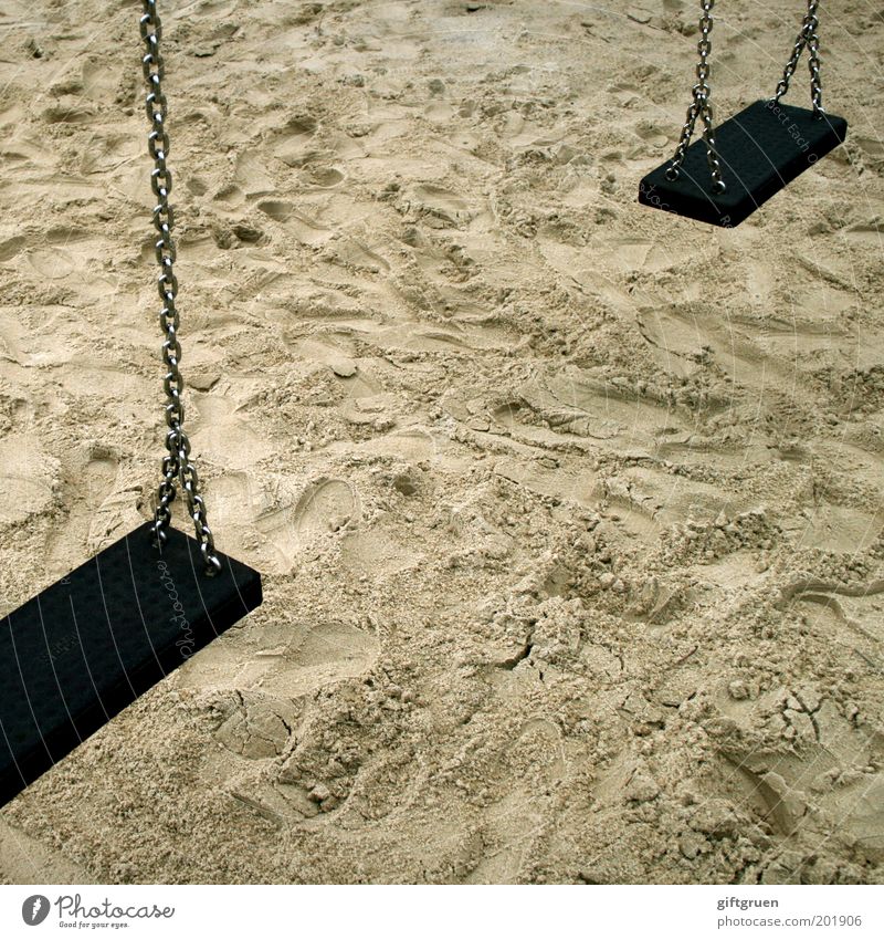 Rocked out Playing Children's game To swing Stagnating Swing Playground Sand Sandpit Chain Hang Droop In pairs Infancy Unused Colour photo Subdued colour