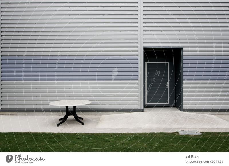 open office Table Factory Deserted Industrial plant Architecture Facade Cold Colour photo Exterior shot Central perspective Lawn Door Corrugated sheet iron