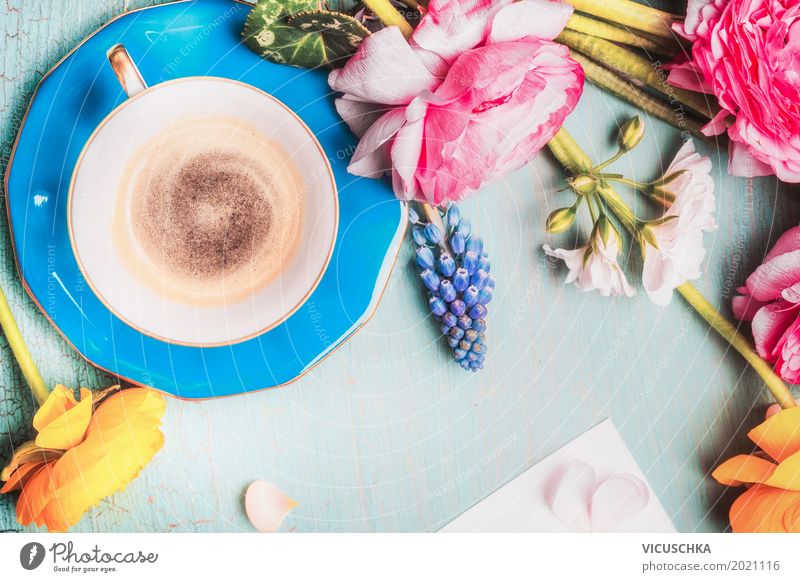 Cup of coffee and flowers Beverage Hot drink Coffee Style Design Leisure and hobbies Summer Living or residing Decoration Table Mother's Day Nature Spring