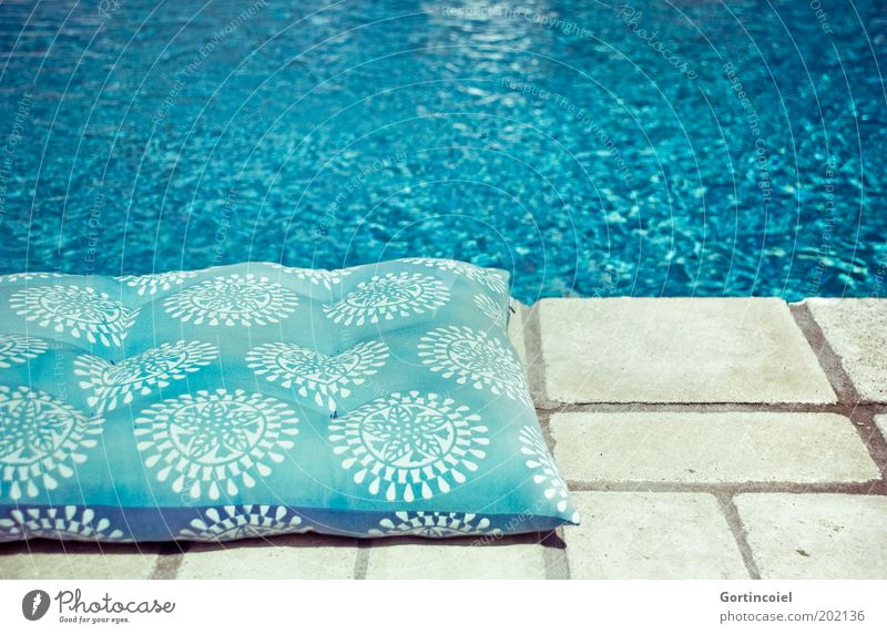 pool Summer Water Hot Swimming pool Cushion Turquoise Azure blue Wet Edge Blue Deserted Colour photo Exterior shot Pattern Structures and shapes Copy Space top