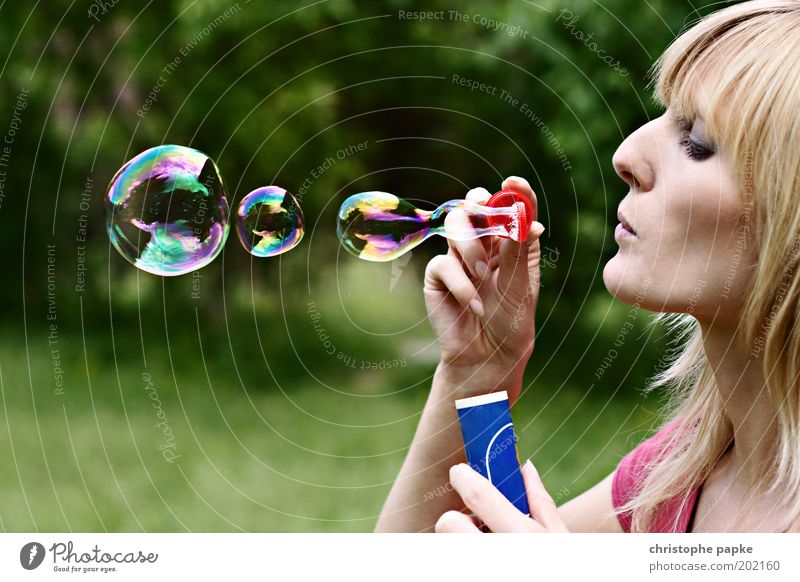 Iridescent Playing Young woman Youth (Young adults) Head 1 Human being 18 - 30 years Adults Park Blonde Beautiful Feminine Dream Creativity Ease Soap bubble