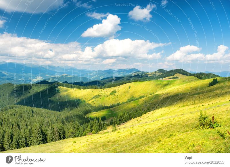 Green sunny valley in mountains and hills Beautiful Vacation & Travel Tourism Summer Sun Mountain Environment Nature Landscape Plant Sky Clouds Horizon Sunlight