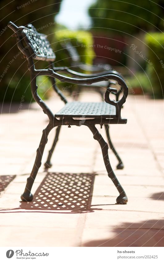 A place in the sun Small Town Deserted Park Terrace Bench Seating Moody Iron Resting point Colour photo Exterior shot Day Sunlight Shallow depth of field Shadow