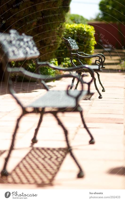 Places Free in the sun Terrace Terracotta Brown Red Colour photo Exterior shot Deserted Day Blur Shallow depth of field Park Shadow Metal Bench Park bench