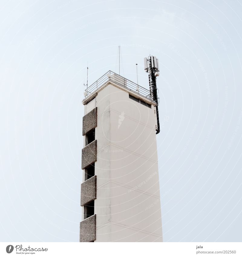 tower Sky Manmade structures Building Architecture Tower Facade Antenna Bright Tall Blue Gray White Handrail Colour photo Exterior shot Deserted Copy Space left