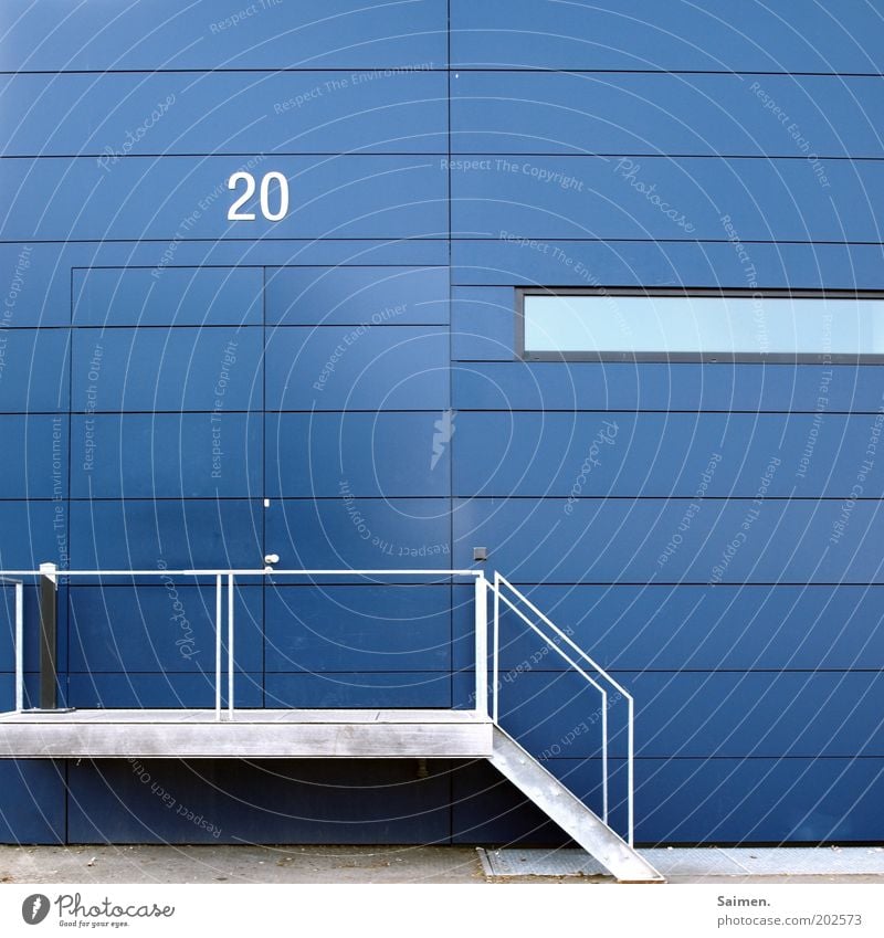 House number 20. Wall (barrier) Wall (building) Facade Sharp-edged Reliability Blue Design Modern Perspective Symmetry Structures and shapes Stairs
