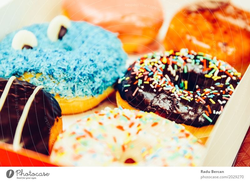 Funny Colorful Donuts In Box Food Dough Baked goods Dessert Candy Nutrition Eating Breakfast Fast food Diet To feed Feeding Fresh Delicious Round Sweet Blue