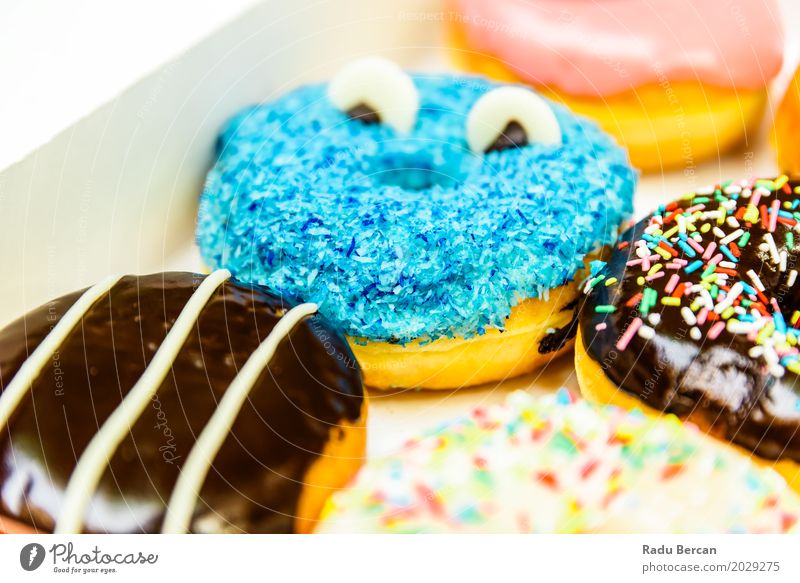 Funny Colorful Donuts In Box Food Dough Baked goods Dessert Candy Chocolate Nutrition Eating Fast food To feed Feeding Fresh Delicious Cute Round Sweet Blue