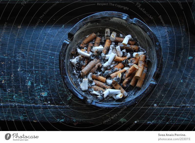 smoke-free. Wood Dirty Blue Debauchery Window board Cigarette Ashtray Ashes Addiction Intoxicant Round Filter-tipped cigarette Colour photo Subdued colour