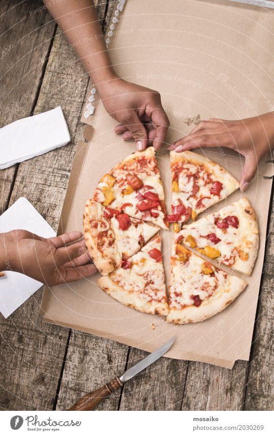 eating pizza Fast food Finger food Italian Food Lifestyle Joy Summer Human being Woman Adults 3 Park To enjoy Fairness Equal Pizza Salami Mozzarella Top Snack