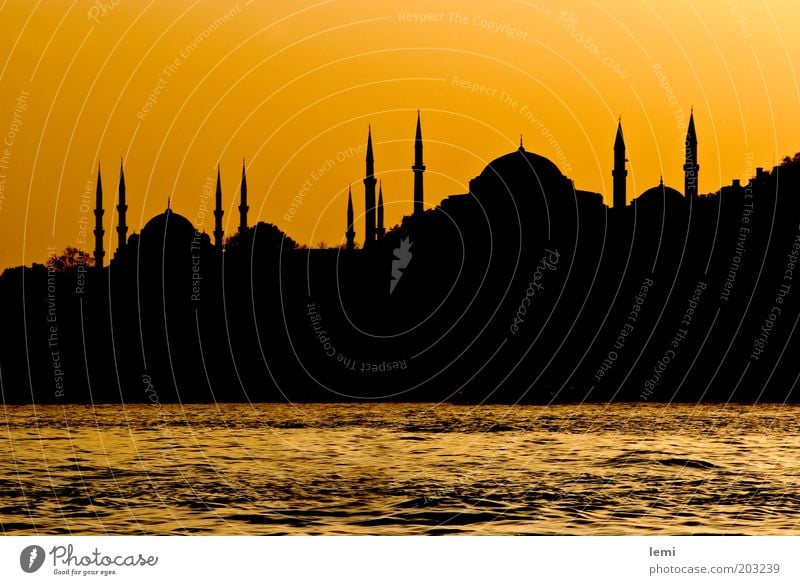 Skyline of old Istanbul Port City Old town Manmade structures Building Historic Yellow Turkey Silhouette Mosque The Bosphorus Hagia Sophia Dusk Minaret Strait