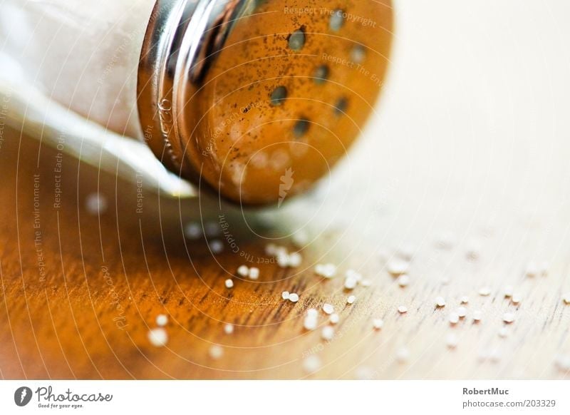 Salt on the Table Food Herbs and spices Nutrition Salt caster Wood Brown Silver White Colour photo Subdued colour Interior shot Close-up