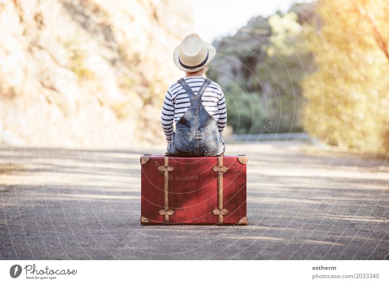 Boy with suitcase on the road Lifestyle Vacation & Travel Trip Freedom Human being Child Boy (child) Back 1 3 - 8 years Infancy Nature Landscape Spring Summer