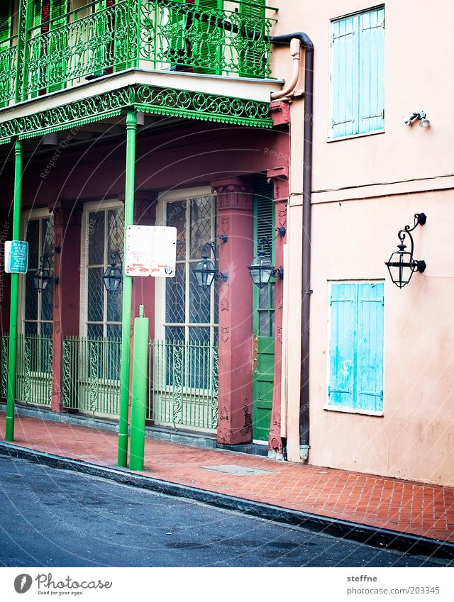 FQ french quarter Downtown Old town House (Residential Structure) Facade Balcony Window Door Esthetic Authentic Historic Kitsch Colour photo Multicoloured