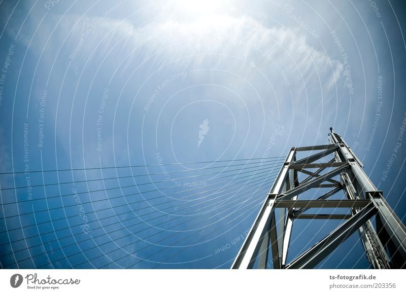 Exaggerated wind harp Elements Air Sky Clouds Beautiful weather Tower Architecture Steel construction Steel cable Wire cable Metal construction Line Tall Blue