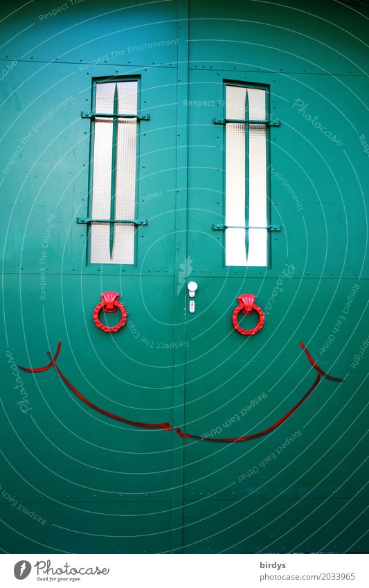 Smiling face Face Door Main gate Friendliness Astute Funny Positive Green Red Contentment Emotions Facial expression full-frame image Colour photo Multicoloured