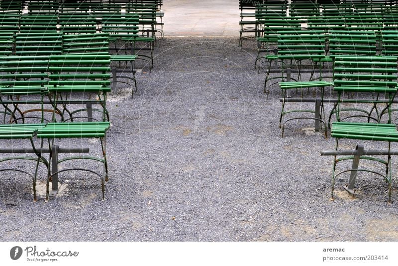 public viewing Calm Summer Chair Event Park Gray Green Row of chairs Seating capacity Empty Colour photo Subdued colour Exterior shot Copy Space middle Morning