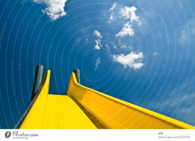 flextime Slide Playground Sky Clouds Summer Beautiful weather Blue Yellow Infancy Kindergarten Park Downward Upward Multicoloured Deserted Day Sunlight
