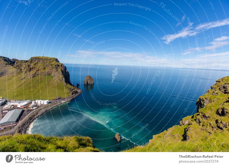 Heimaey IV Environment Nature Landscape Blue Green Turquoise Sky Water Ocean Iceland Rock Cliff Coast Grass Hill Volcanic island Colour photo Exterior shot Day