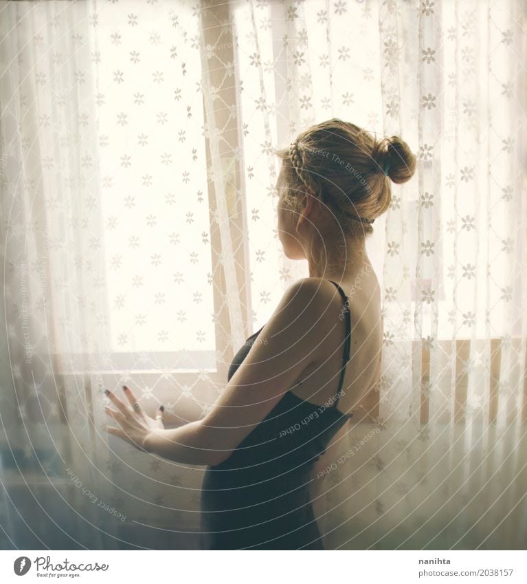Silhouette of a young woman near a vintage curtains and a window Lifestyle Elegant Style Beautiful Hair and hairstyles Wellness Senses Relaxation Calm Room