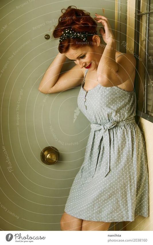 Young redhead woman with pin up appearance Lifestyle Elegant Style Beautiful Feminine Young woman Youth (Young adults) 1 Human being 18 - 30 years Adults Window