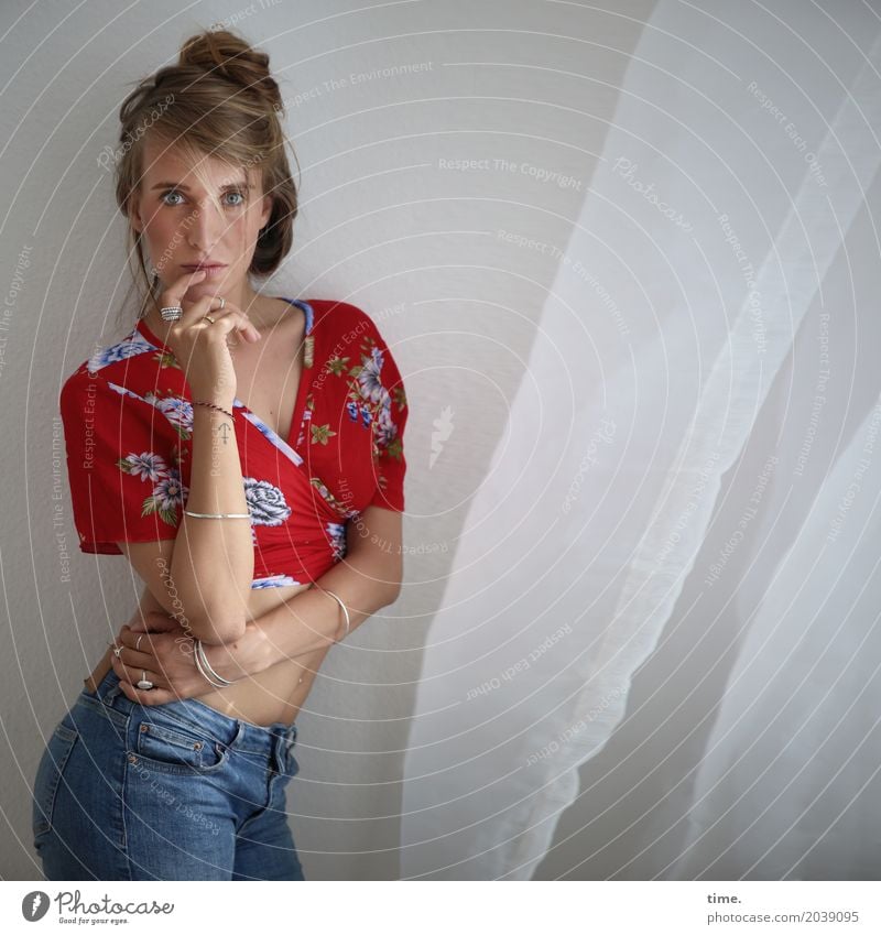 Woman next to a billowing curtain Room Drape Feminine Adults 1 Human being Shirt Jeans Jewellery Blonde Long-haired Braids Observe To hold on Looking Stand