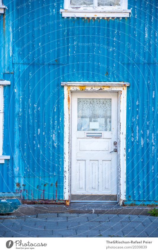 door Village Blue White Door Window House (Residential Structure) Manmade structures Iceland Colour Corrugated sheet iron Rust Lock Drape Paving stone