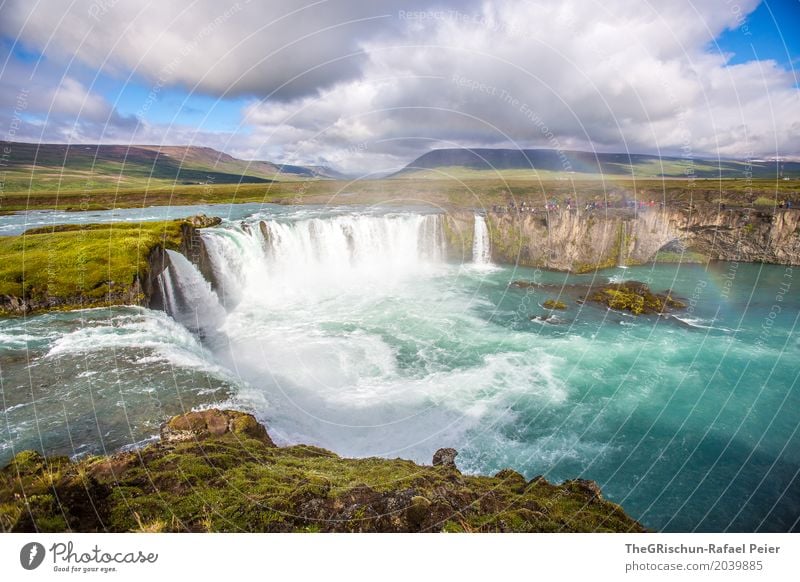 waterfall Environment Nature Landscape Water Drops of water Sky Clouds Blue Brown Gold Green Black White Iceland Waterfall Godafoss Turquoise Tourism