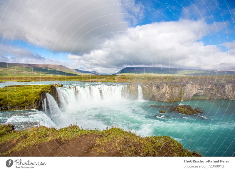 Godafoss III Environment Nature Landscape Beautiful weather Blue Brown Green Turquoise White Waterfall Iceland Rock Cliff Landmark Attraction Tourism Clouds