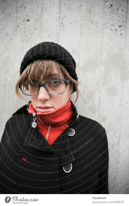 nerdyful Human being Feminine Young woman Youth (Young adults) Woman Adults Fashion Coat Eyeglasses Cap Brunette Looking Beautiful Cold Natural Nerdy