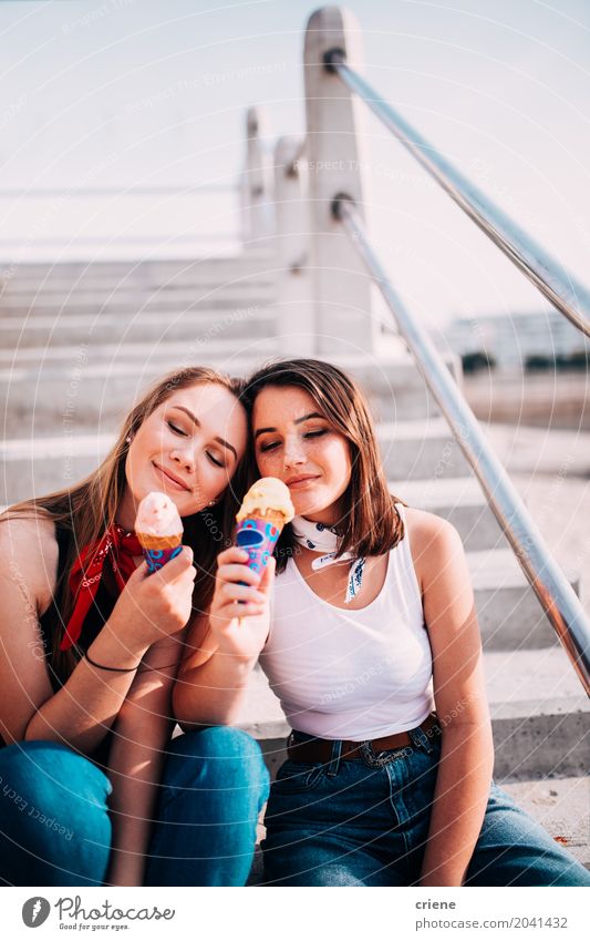 Teenager best friends eating ice cream together Dessert Ice cream Candy Eating Lifestyle Joy Vacation & Travel Summer Summer vacation Sun Human being Feminine