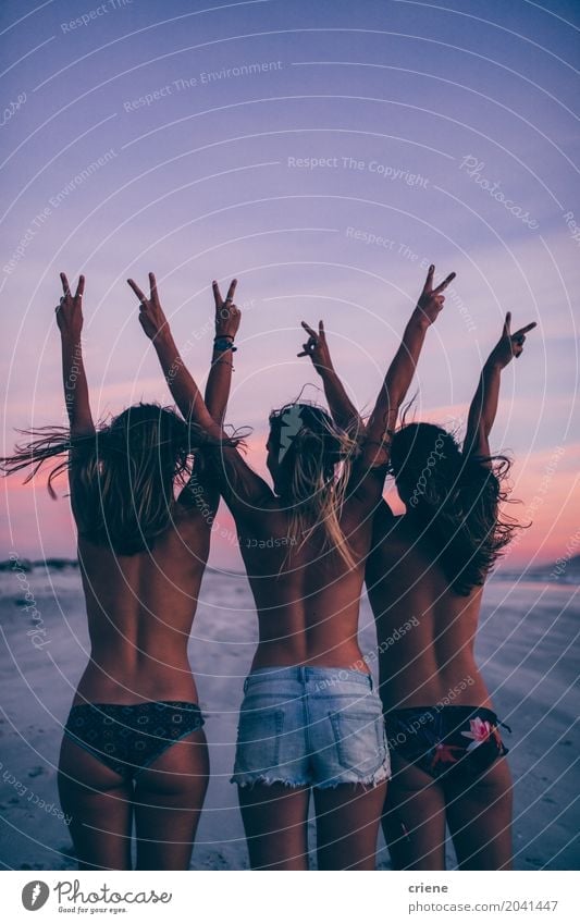 Group of women cheering on the beach topless Lifestyle Joy Happy Vacation & Travel Freedom Summer Beach Feminine Young woman Youth (Young adults) Woman Adults