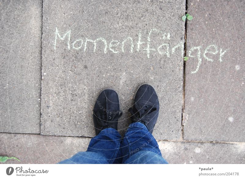 catcher of moments Legs Feet 1 Human being Jeans Footwear Stand Simple Natural Blue Gray Black Contentment Joie de vivre (Vitality) Identity Stagnating