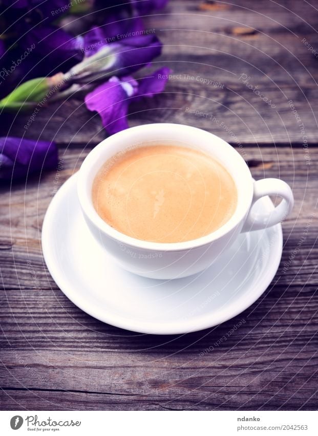 cup of fragrant black coffee Breakfast Coffee Espresso Mug Table Restaurant Flower Bouquet Wood Fresh Hot Above Retro Gray White Iris Purple Café drink