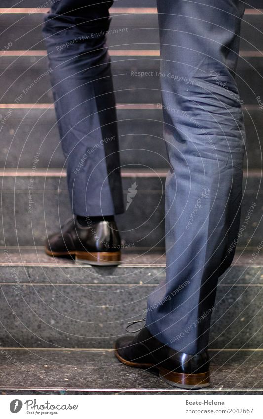Businessman on the way up Stairs ascent Man Suit trousers Footwear Outfit Top Management Upward Staircase (Hallway) business Single-minded Business Shoes