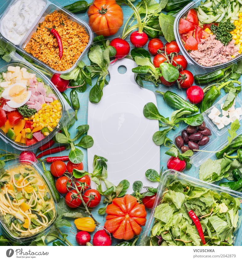 Healthy food with various salad lunch boxes Food Meat Fish Vegetable Lettuce Salad Nutrition Lunch Buffet Brunch Picnic Organic produce Diet Crockery Style