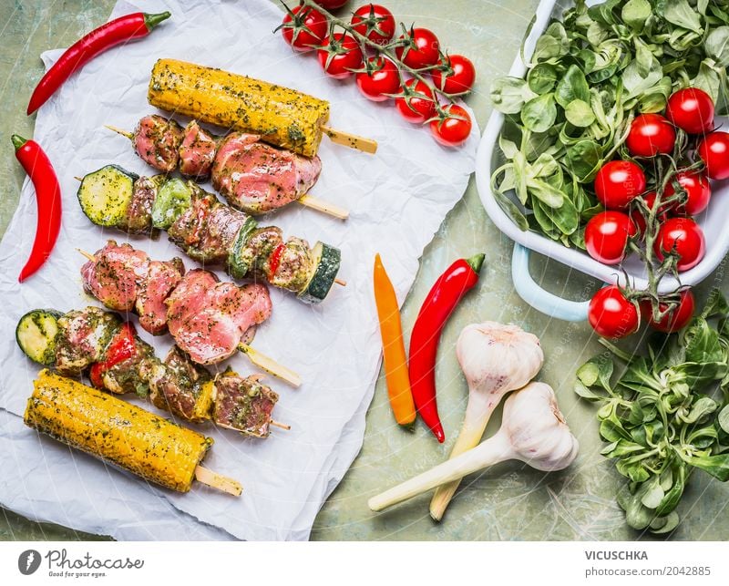 Meat skewers for grill with vegetables, corn ears Food Vegetable Lettuce Salad Herbs and spices Nutrition Lunch Banquet Picnic Organic produce Crockery Style