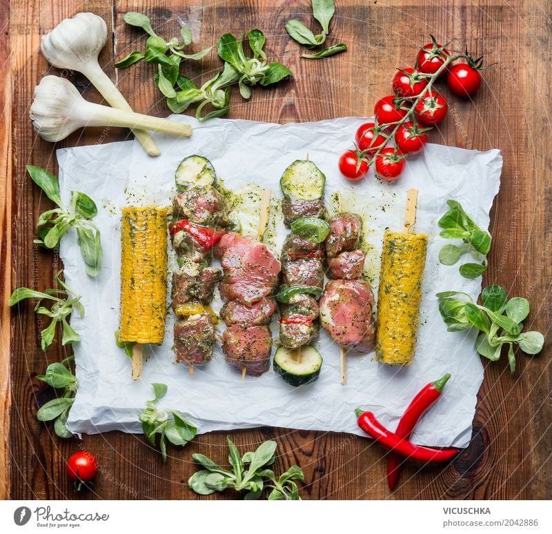 Delicious meat skewers for grill with vegetables and corn on the cob Food Meat Vegetable Herbs and spices Nutrition Lunch Banquet Style Design Table Kitchen