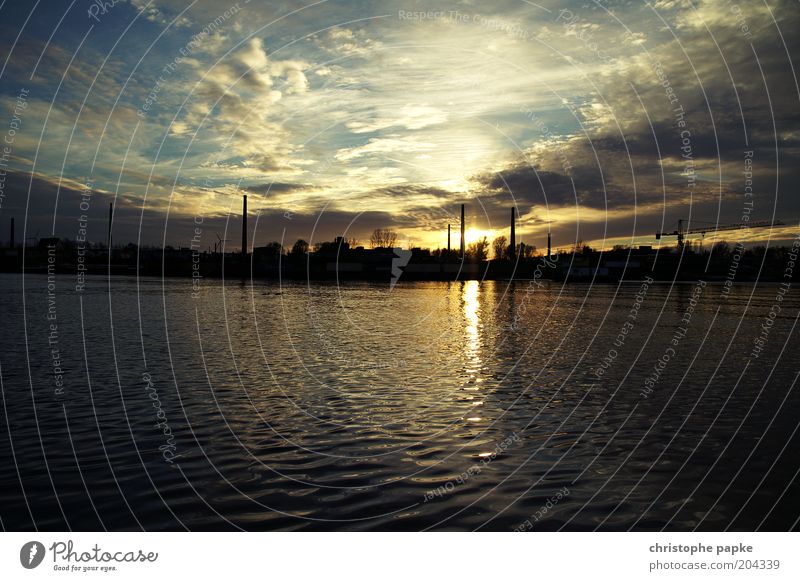 ray of hope Factory Industry River bank Hamburg Town Deserted Industrial plant Chimney Süderelbe rothenburgsort Elbe Colour photo Exterior shot