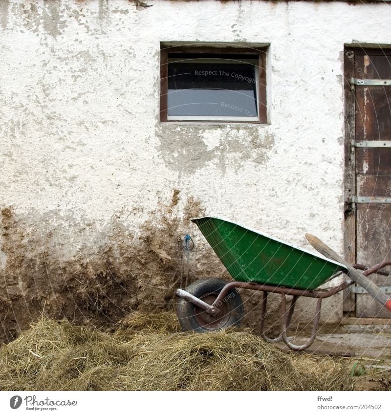 Cart in the dirt Building Facade Door Work and employment Old Authentic Dirty Farm Wheelbarrow Manure heap Heap Hay Country life Colour photo Exterior shot Day