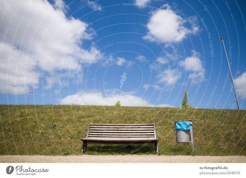 Replacement bench II Sky Clouds Beautiful weather Grass Meadow Dike Park bench Wooden bench Bench Trash container Garbage bag blue sack Empty Flagpole